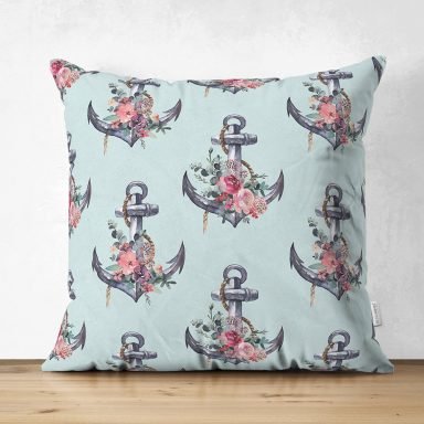 Mint Yeşili Zemin Çapa Tasarımlı Dijital Baskılı Dekoratif Süet Yastık Kırlent Kılıfı