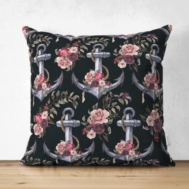 Siyah Zemin Çapa Motifli Dijital Baskılı Modern Süet Yastık Kırlent Kılıfı