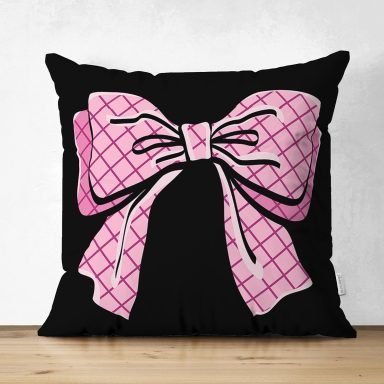 Siyah Zemin Pembe Kurdale Tasarımlı Dijital Baskılı Dekoratif Süet Yastık Kırlent Kılıfı