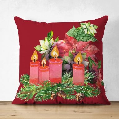 Bordo Zemin Çam Yapraklı Mum Tasarımlı Dijital Baskılı Dekoratif Süet Yastık Kırlent Kılıfı