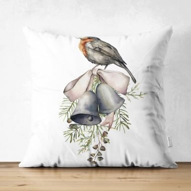 Çan & Kuş Motifli Dijital Baskılı Modern Süet Yastık Kırlent Kılıfı