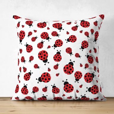 Realhomes Uğurböceği Motifli Özel Tasarım Dijital Baskılı Çocuk Odası Süet Yastık Kırlent Kılıfı