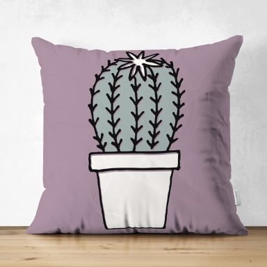 Açık Mor Zemin Sade Kaktüs Tasarımlı Dijital Baskılı Dekoratif Süet Yastık Kırlent Kılıfı