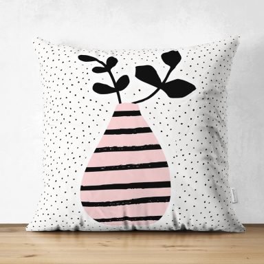 Krem Kumlama Zemin Vazo Desenli Dijital Baskılı Dekoratif Süet Yastık Kırlent Kılıfı