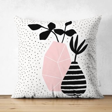 Krem Kumlama Zemin Vazo Desenli Dijital Baskılı Dekoratif Süet Yastık Kırlent Kılıfı