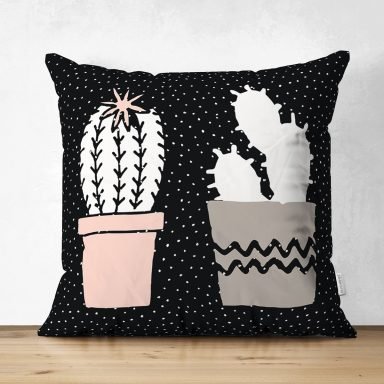 Siyah Kumlama Zemin Kaktüs Tasarımlı Dijital Baskılı Modern Süet Yastık Kırlent Kılıfı