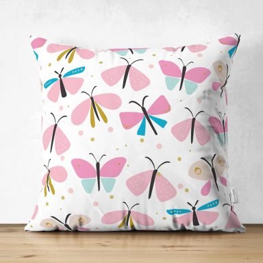 Realhomes Kelebek Çizimli Özel Tasarım Dijital Baskılı Çocuk Odası Süet Yastık Kırlent Kılıfı