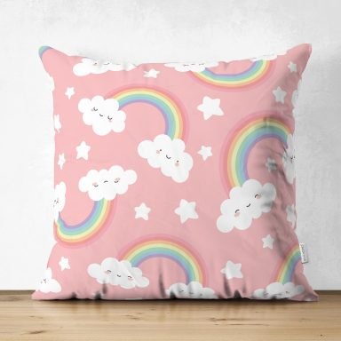 Realhomes Pembe Zeminde Gökkuşağı Tasarımlı Dijital Baskılı Çocuk Odası Süet Yastık Kırlent Kılıfı