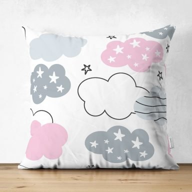Realhomes Açık Pembe Bulut Motifli Özel Tasarım Dijital Baskılı Çocuk Odası Süet Yastık Kırlent Kılıfı