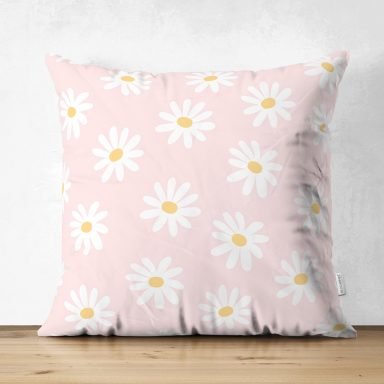 Pembe Zemin Papatya Tasarımlı Dijital Baskılı Dekoratif Süet Yastık Kırlent Kılıfı