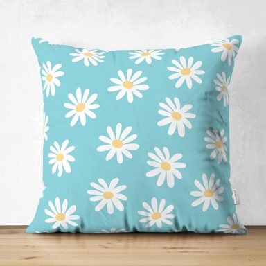 Mavi Zemin Papatya Çizimli Dijital Baskılı Modern Süet Yastık Kırlent Kılıfı