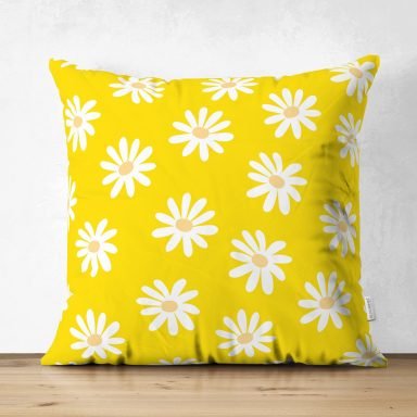 Sarı Zemin Papatya Desenli Dijital Baskılı Dekoratif Süet Yastık Kırlent Kılıfı