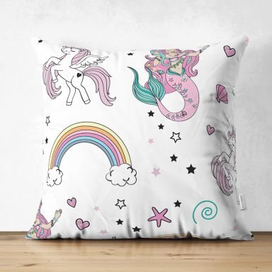 Realhomes Unicorn ve Deniz Kızı Tasarımlı Dijital Baskılı Çocuk Odası Süet Yastık Kırlent Kılıfı