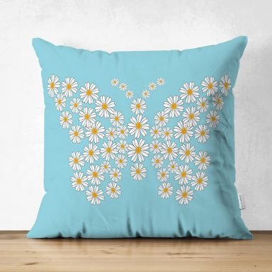 Mavi Zemin Papatyadan Kelebek Tasarımlı Dijital Baskılı Modern Süet Yastık Kırlent Kılıfı