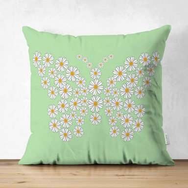 Yeşil Zemin Papatyadan Kelebek Tasarımlı Dijital Baskılı Modern Süet Yastık Kırlent Kılıfı