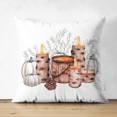 Özel Tasarım Kabak & Mum Temalı Dijital Baskılı Dekoratif Süet Yastık Kırlent Kılıfı