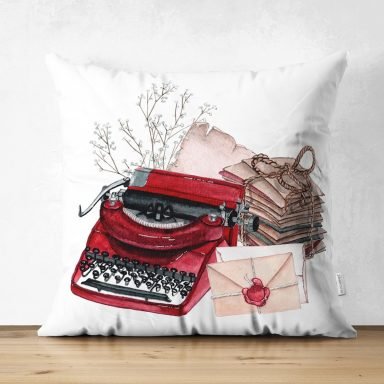 Antika Daktilo Motifli Dijital Baskılı Dekoratif Süet Yastık Kırlent Kılıfı