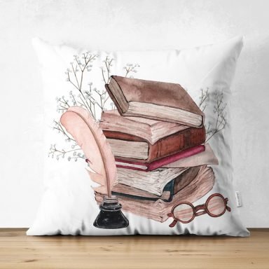 Retro Defter & Tüylü Kalem Tasarımlı Dijital Baskılı Modern Süet Yastık Kırlent Kılıfı