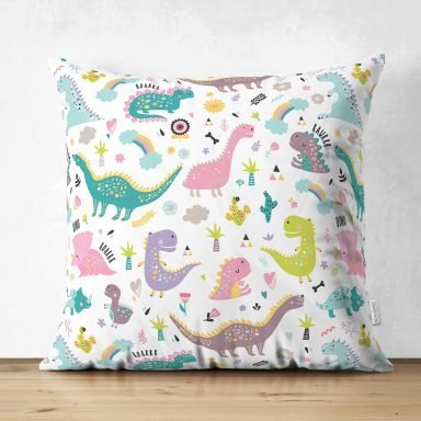 Realhomes Renkli Sevimli Dinazorlar Çizimli Özel Tasarım Dijital Baskılı Çocuk Odası Süet Yastık Kırlent Kılıfı