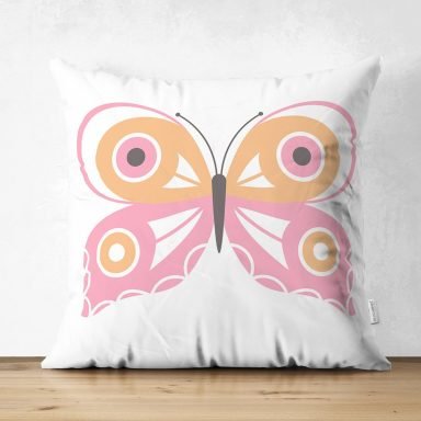 Pembe Kelebek Tasarımlı Dijital Baskılı Dekoratif Süet Yastık Kırlent Kılıfı