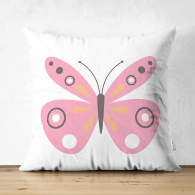 Pembe Kelebek Tasarımlı Dijital Baskılı Modern Süet Yastık Kırlent Kılıfı