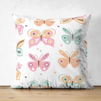 Renkli Kelebek Tasarımlı Dijital Baskılı Modern Süet Yastık Kırlent Kılıfı