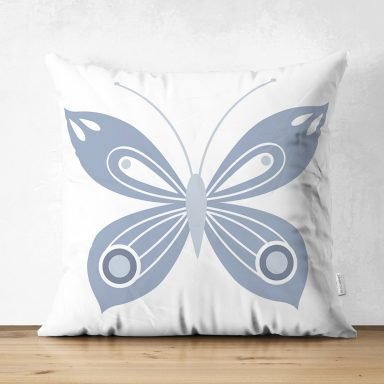 Mavi Kelebek Motifli Dijital Baskılı Dekoratif Süet Yastık Kırlent Kılıfı
