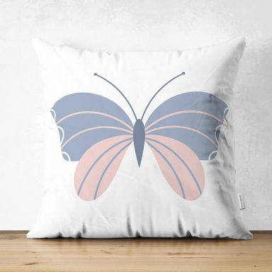 Mavi Pembe Kelebek Desenli Dijital Baskılı Dekoratif Süet Yastık Kırlent Kılıfı