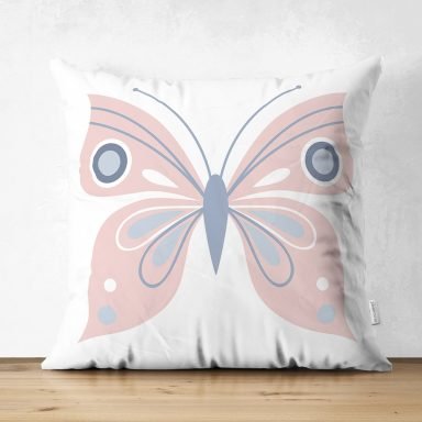 Pembe Kelebek Tasarımlı Dijital Baskılı Modern Süet Yastık Kırlent Kılıfı