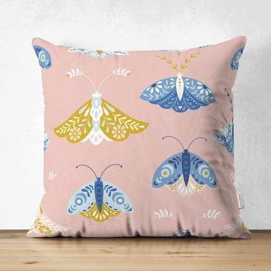 Pembe Zemin Renkli Kelebekler Özel Tasarım Dijital Baskılı Modern Süet Yastık Kırlent Kılıfı