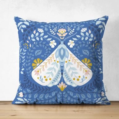 Mavi Zemin Kelebek & Çiçekli Özel Tasarım Dijital Baskılı Modern Süet Yastık Kırlent Kılıfı