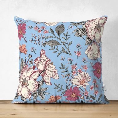 Mavi Zemin Papatya & Gül Tasarımlı Dijital Baskılı Modern Süet Yastık Kırlent Kılıfı