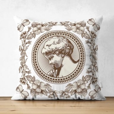 Çiçek Çerçeveli Portre Desenli Dijital Baskılı Dekoratif Süet Yastık Kırlent Kılıfı