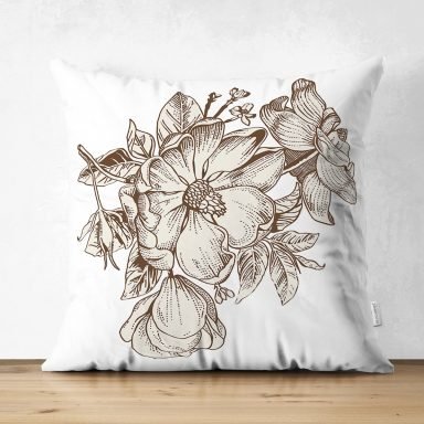 Karakalem Çiçek Desenli Dijital Baskılı Modern Süet Yastık Kırlent Kılıfı