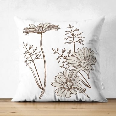 Karakalem Çiçek Desenli Dijital Baskılı Dekoratif Süet Yastık Kırlent Kılıfı