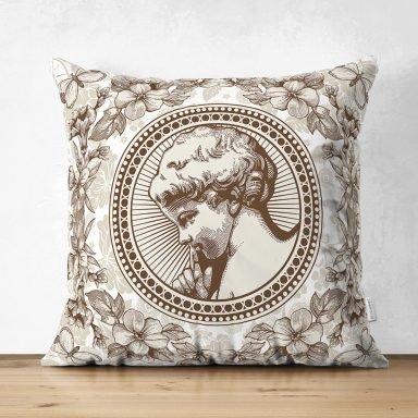 Karakalem Çiçek & Portre Desenli Dijital Baskılı Dekoratif Süet Yastık Kırlent Kılıfı