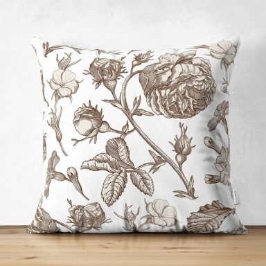 Karakalem Çiçek Desenli Dijital Baskılı Modern Süet Yastık Kırlent Kılıfı