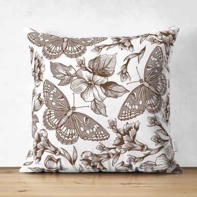 Karakalem Çiçek & Kelebek Desenli Dijital Baskılı Dekoratif Süet Yastık Kırlent Kılıfı