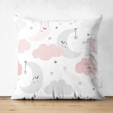 Realhomes Renkli Ay Bulut Motifli Özel Tasarım Dijital Baskılı Çocuk Odası Süet Yastık Kırlent Kılıfı
