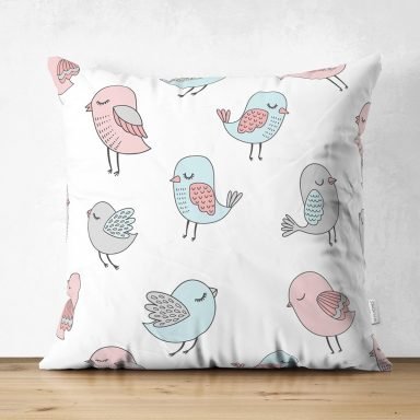 Realhomes Mavi Pembe Kuş Çizimli Özel Tasarım Dijital Baskılı Çocuk Odası Süet Yastık Kırlent Kılıfı