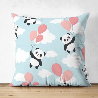 Realhomes Balonlu Panda Tasarımlı Dijital Baskılı Çocuk Odası Süet Yastık Kırlent Kılıfı