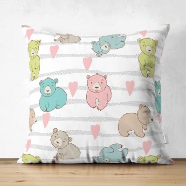 Realhomes Gri Çizgi Üzerinde Renkli Ayıcık Özel Tasarım Dijital Baskılı Çocuk Odası Süet Yastık Kırlent Kılıfı