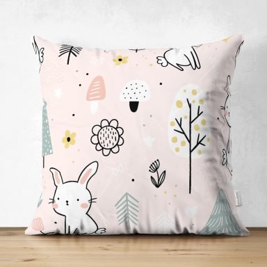 Realhomes Sevimli Tavşan Çizimli Özel Tasarım Dijital Baskılı Çocuk Odası Süet Yastık Kırlent Kılıfı