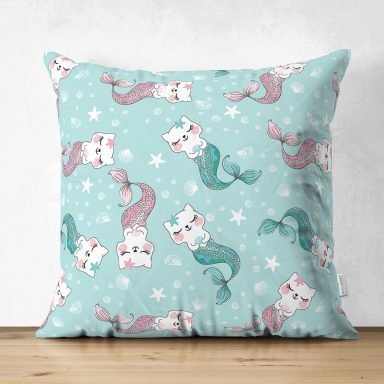Realhomes Deniz Kızı Ayaklı Kedicik Tasarımlı Dijital Baskılı Çocuk Odası Süet Yastık Kırlent Kılıfı