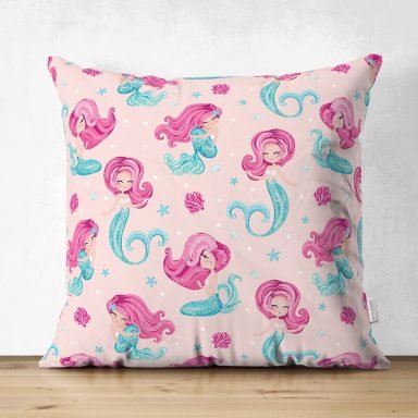 Realhomes Pembe Zeminde Denizkızı Motifli Özel Tasarım Dijital Baskılı Çocuk Odası Süet Yastık Kırlent Kılıfı
