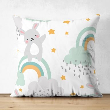 Realhomes Gökkuşağı Üzerinde Tavşan Motifli Özel Tasarım Dijital Baskılı Çocuk Odası Süet Yastık Kırlent Kılıfı