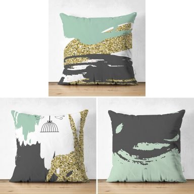 3'lü Renkli Soyut Çizimli Dekoratif Süet Yastık Kırlent Kılıf Seti