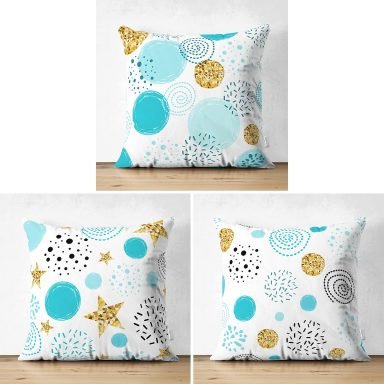 3'lü Beyaz Zeminli Renkli Puantiye Desenli Modern Süet Yastık Kırlent Kılıf Seti