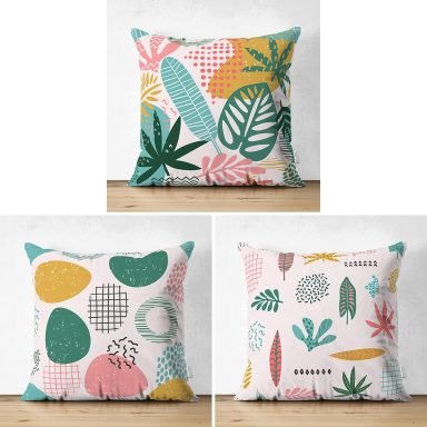 3'lü Renkli Çizimli Bohem Motifli Modern Süet Yastık Kırlent Kılıf Seti