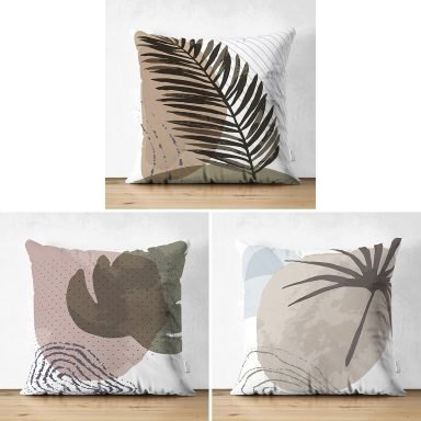 3'lü Soft Zemin Üzerinde Renkli Yaprak Desenli Modern Süet Yastık Kırlent Kılıf Seti